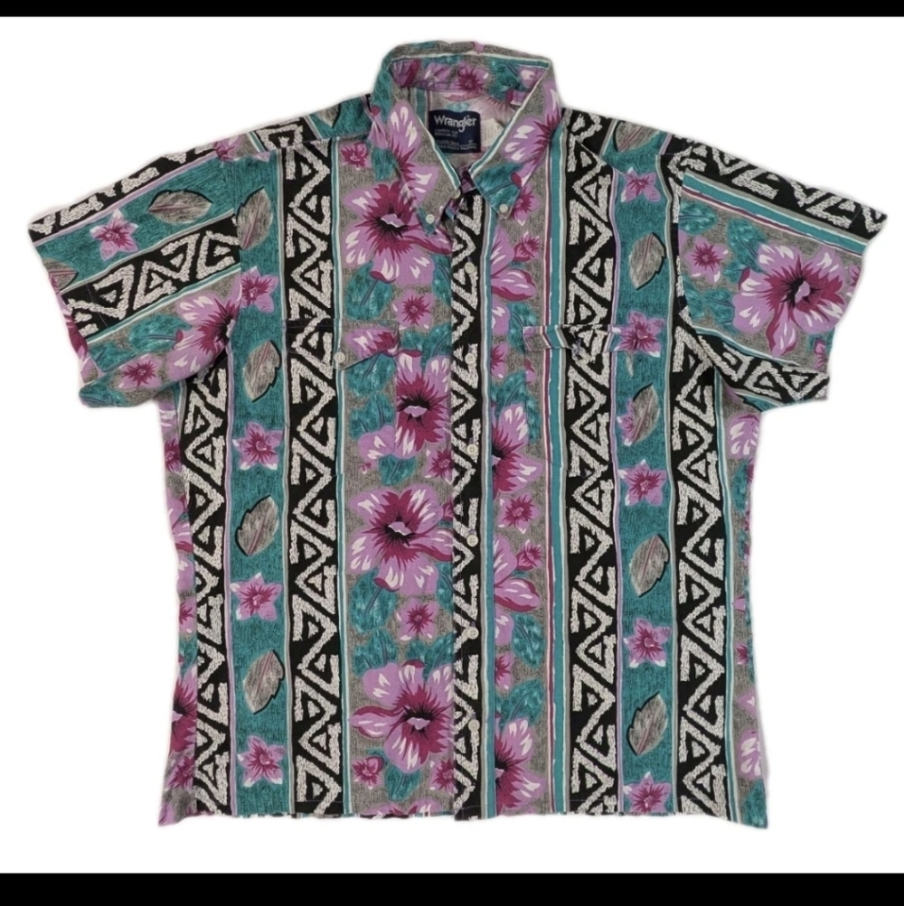 Mens Vintage 90s Wrangler Aztec Floral Striped Short Sleeve Western Shirt 17 XL